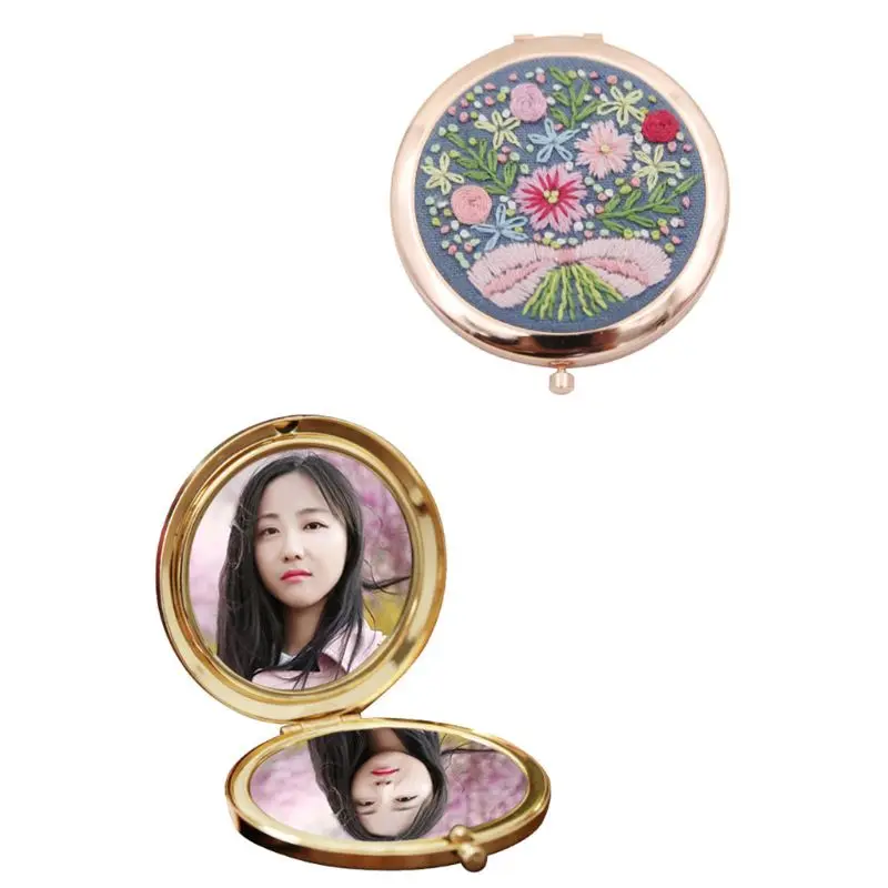 

TSHOU611 Embroidery Kit Compact Pocket Floral Makeup Mirror Double-side Folding Women Vintage Cosmetic Mirrors Handmade U2JD