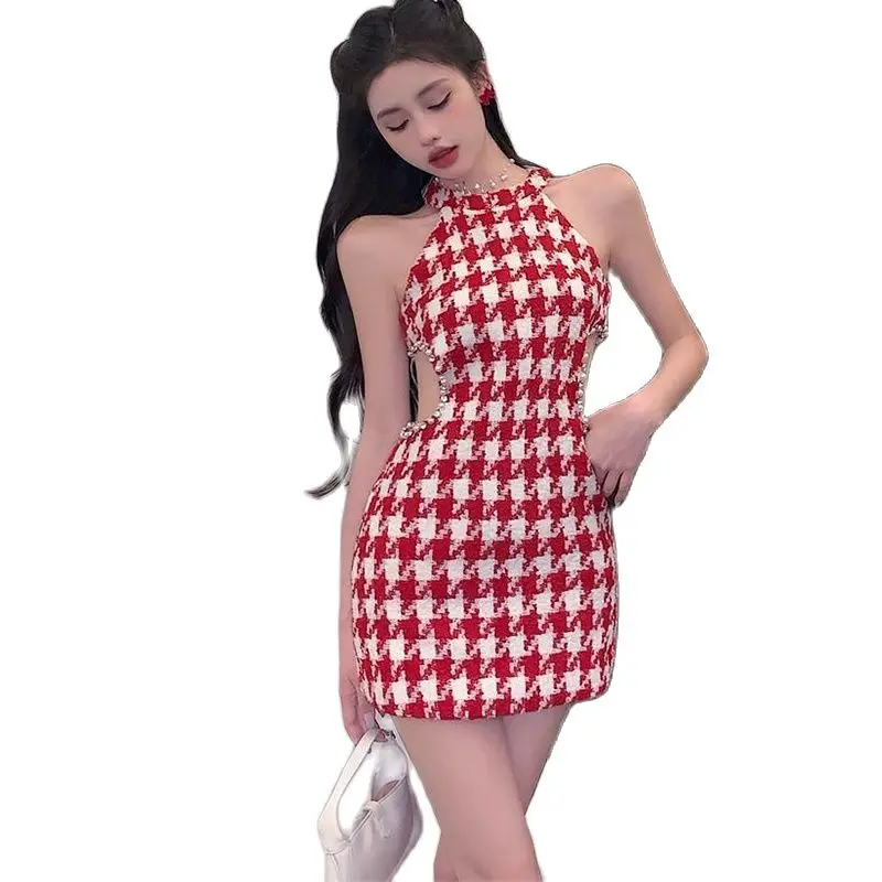 

French Elegant Vintage Small Fragrance Tweed Dresses For Women Houndstooth Korean Sleeveless Sexy Summer Mini Dress Vestidos