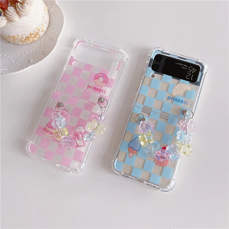 

Pink Blue Checkerboard Bear Beads Phone Case for Samsung Galaxy Z Flip 3 5G Hard PC Back Cover for ZFlip3 Cases Protective Shell