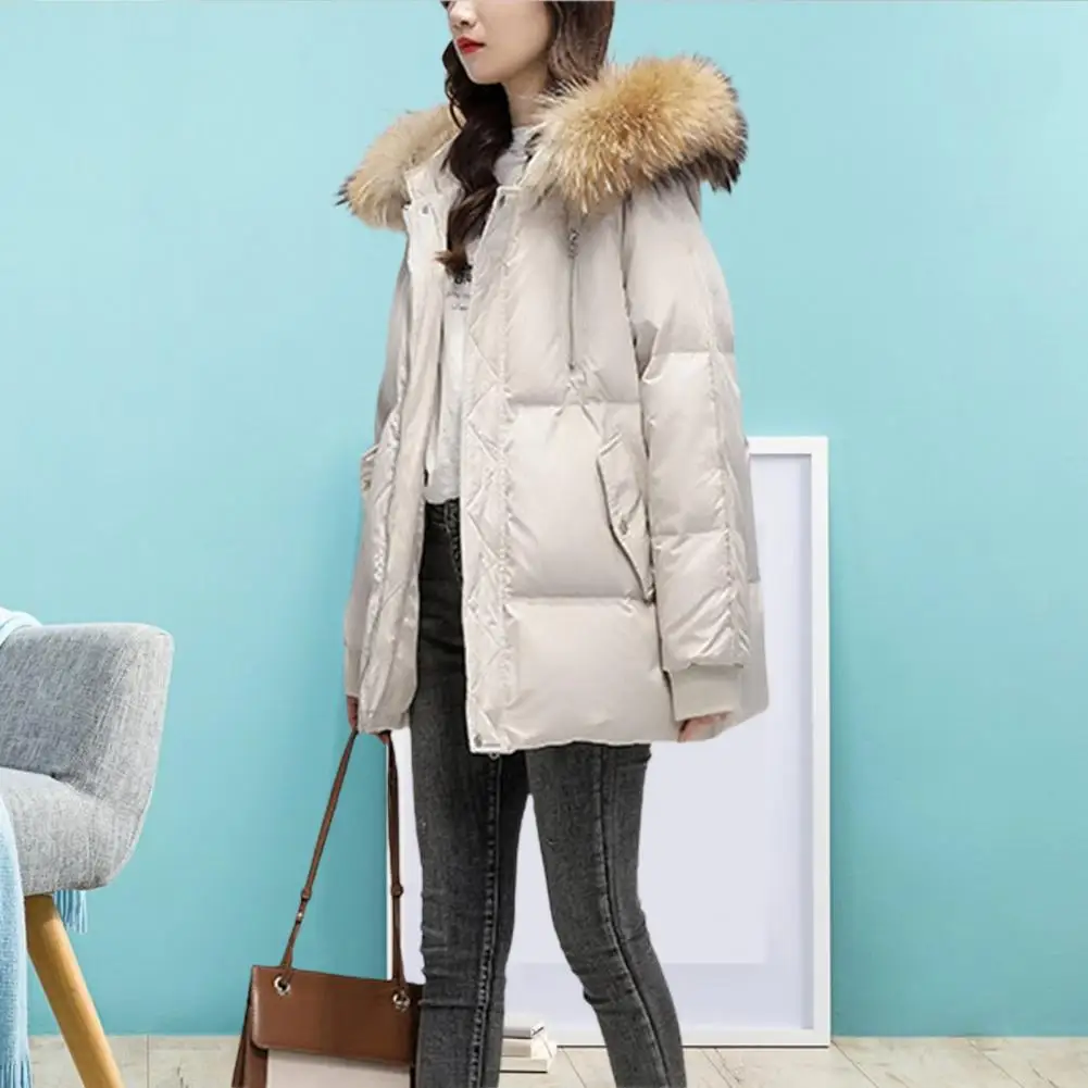 Chic Winter Down Coat Faux Fur Thicken Mid Length Lady Down Coat  Hat Women Down Coat for Outdoor