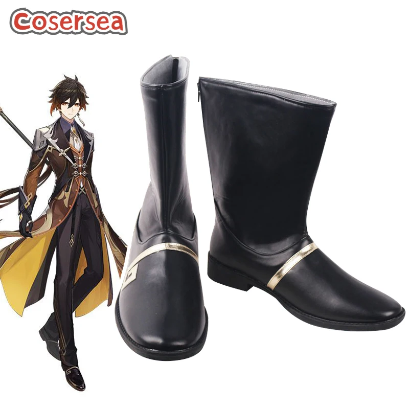 

Cosersea Game Genshin Impact Zhongli, обувь для косплея, женские или мужские туфли на плоской подошве, женские черные короткие ботинки из искусственной кожи, Хэллоуин