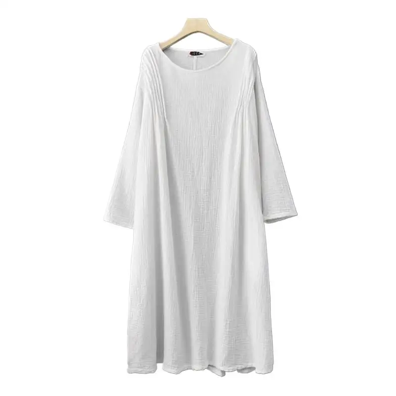 

Женское длинное платье из хлопка и льна, повседневное свободное однотонное платье большого размера с круглым вырезом, весна-осень