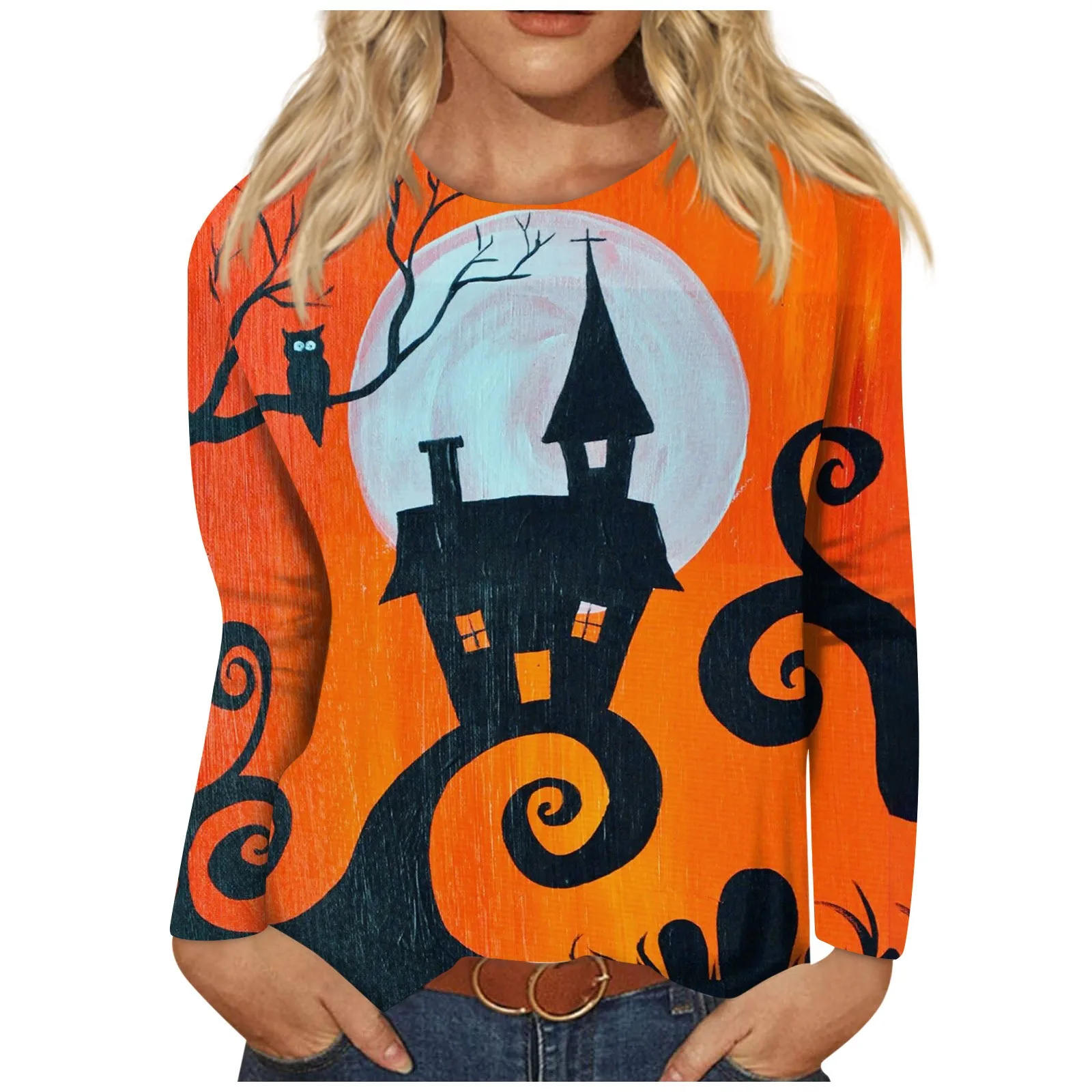 

Женская модная повседневная футболка с длинным рукавом и круглым вырезом, топ с принтом на Хэллоуин, простой и модный новый женский свободный облегающий Топ