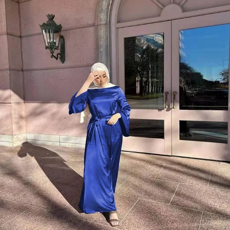 2022 New European And American Solid Color Satin Dress Double Layer Flare Sleeve Middle East Muslim Women 'S Robes