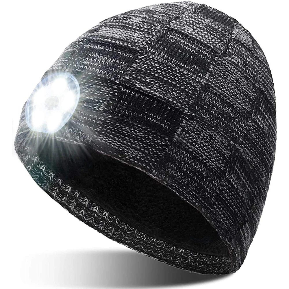 LED Beanie Hat with Light-USB Rechargeable Hand-Free Headlamp Cap, Unisex Warm Winter Knit Lighted Headlight Hats for Running