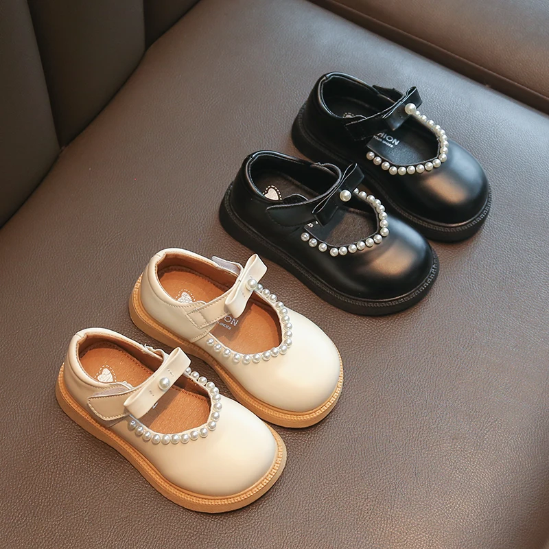 

Little Princess Shoes 2023 Spring New Bow Baby Girls Korean Wind Pearls Round-toe Simple Kids Fashion Versatile Soft PU Loafers