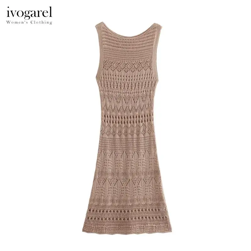 

Ivogarel Elegant Pointelle Knit Short Dress Women's Chic Sleeveless Evening Dress with Round Neckline Summer Traf Holiday Outfit