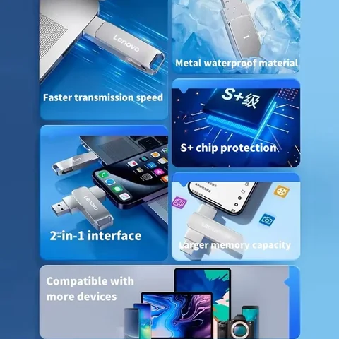 Lenovo 64TB 3.0 USB-накопитель Металлический высокоскоростной флэш-накопитель 16 ТБ 2 ТБ Водонепроницаемый USB-накопитель Type-C для компьютерных устройств