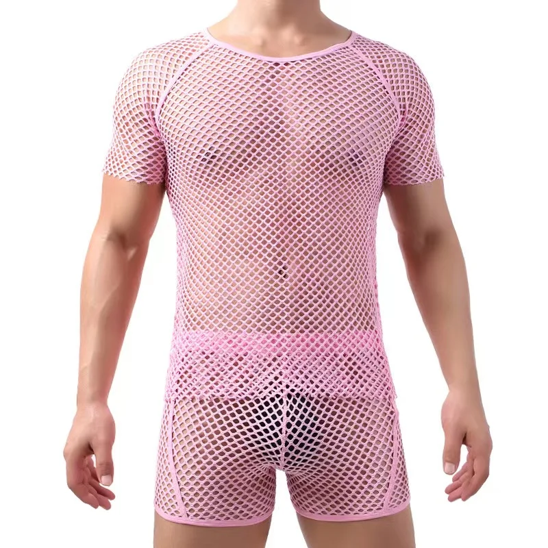 

Fashion Mens Sexy Mesh See-Through Shirts Costume Fish Net t-Shirt Short Sleeve Nightclub Sheer Tops Shirt set