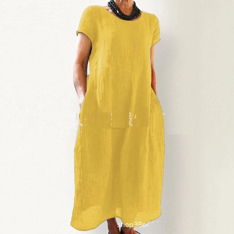 

cotton linen 2023 summer oversized clothes yellow orange purple summer pocket short sleeve A-line t shirt midi dess