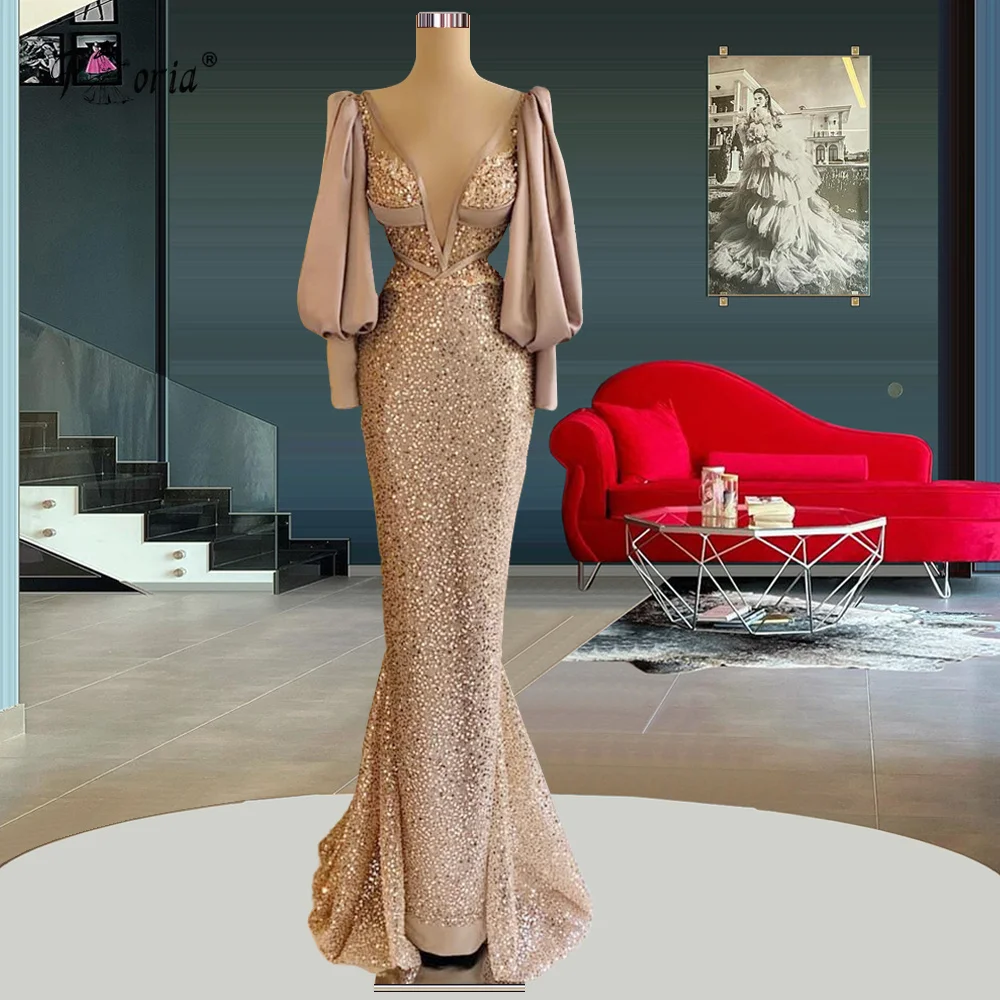 

Женское вечернее платье с V-образным вырезом, длинным рукавом-фонариком