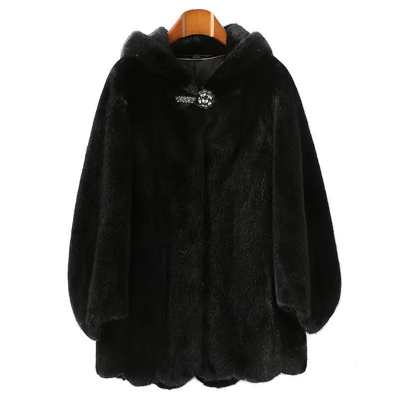 2022 Mink Fur Coat Korean Version Winter Hooded Whole Mink Coat High-End Black Real Fur Warm Outwear