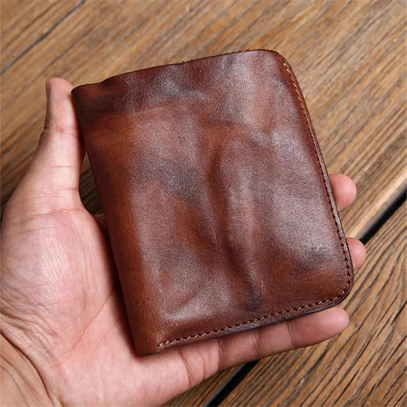 PNDME simple vintage first layer leather men's short wallet casual luxury high-quality genuine leather student money coin purse
