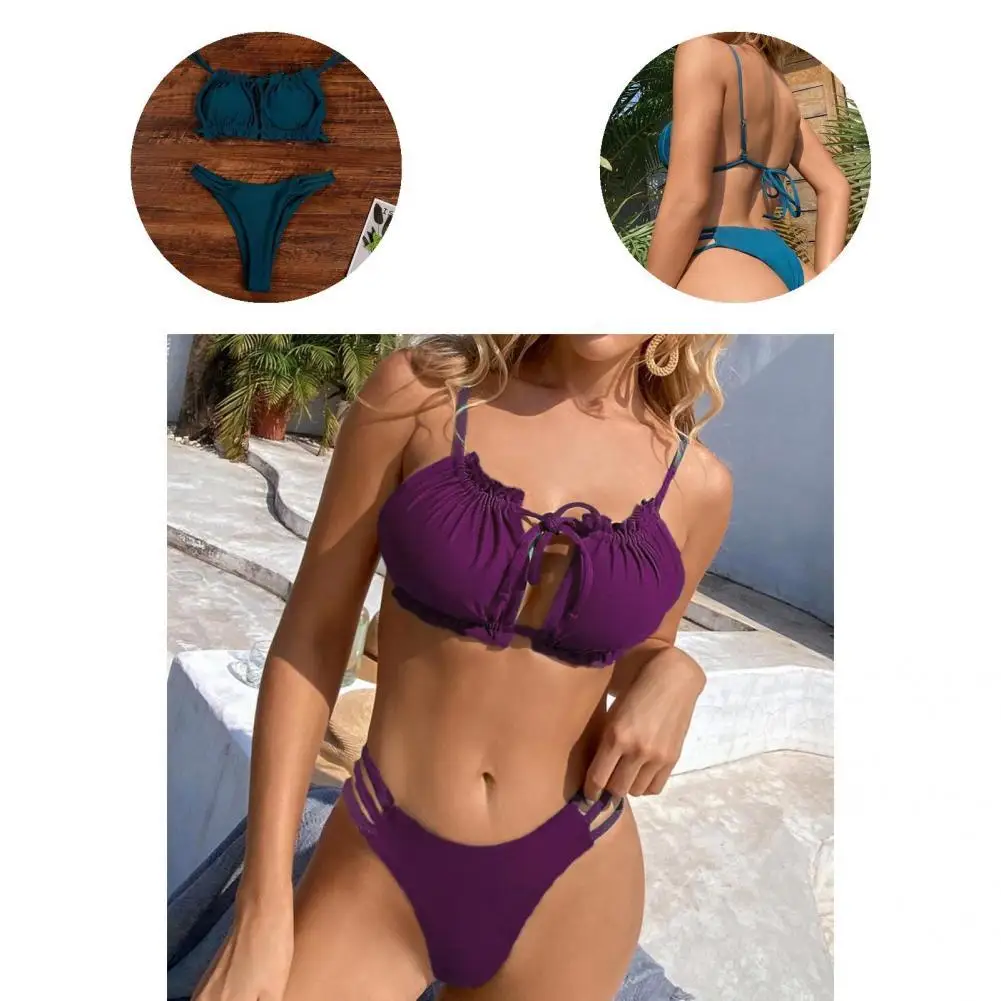 

Chic Splitted Swimwear Padded Beachwear Summer Bikini Pure Color Bandage Female Summer Swimwear