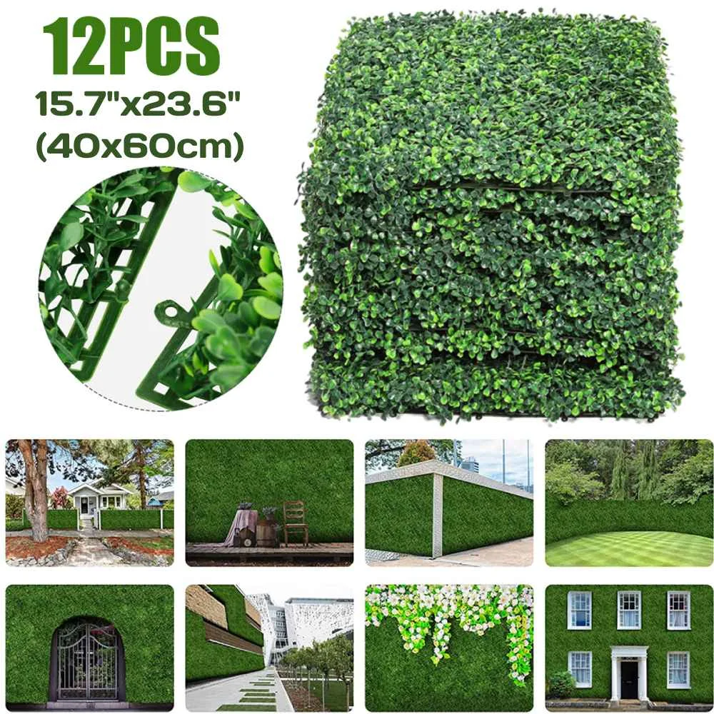 12Pcs Artificial Plants Grass Wall Panel Boxwood Hedge Greenery UV Protection Green Decor Privacy Fence Backyard Screen Wedding