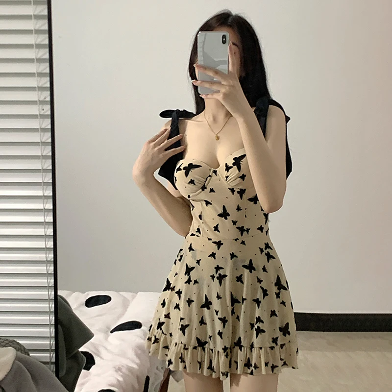 

Women One Piece Swimingsuit Fashion Butterfly Printed Dress Sexy Loose Skirt Ladies Swimwear Belly Cover Bathing Suit Vacation