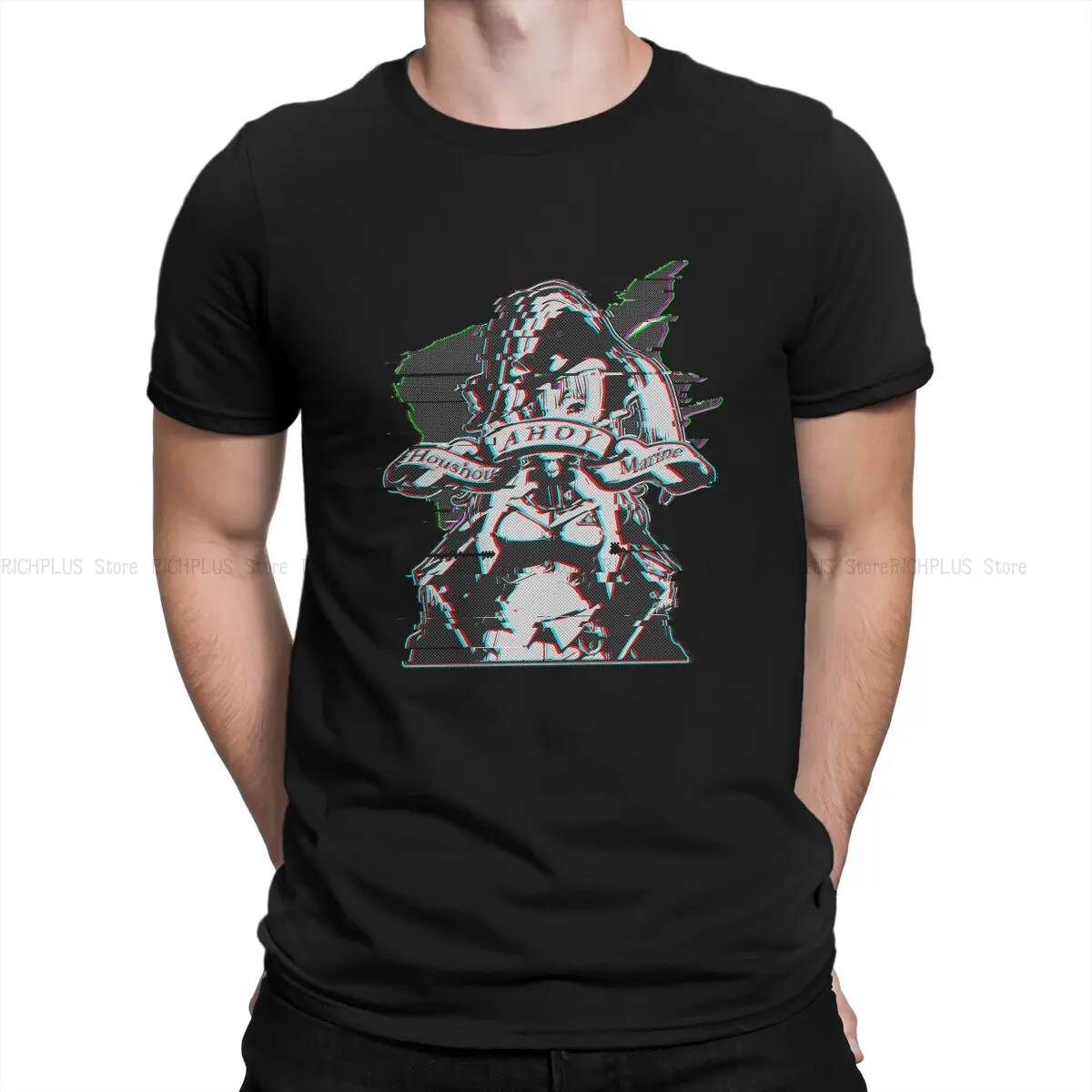 

Glitched Marine Ahoy Original Classic TShirt For Men Hololive Clothing Fashion Polyester T Shirt Soft