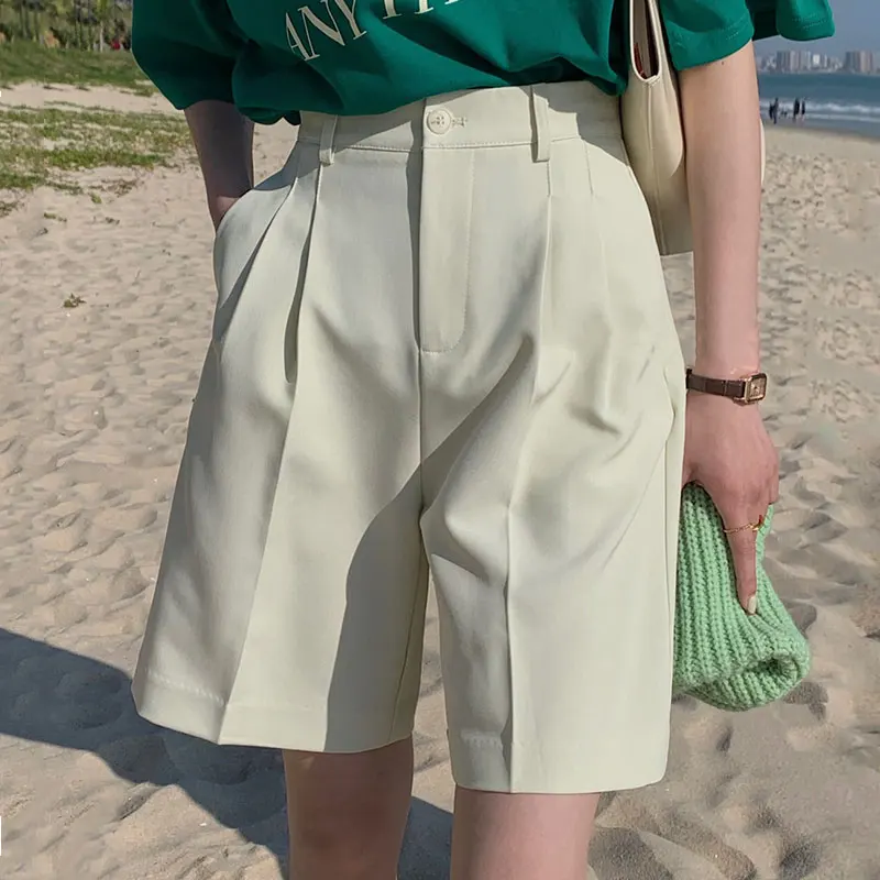 

Корейский женский летний нишевый с высокой талией на пуговицах с карманами однотонный Повседневный прямой костюм пять брюк для женщин