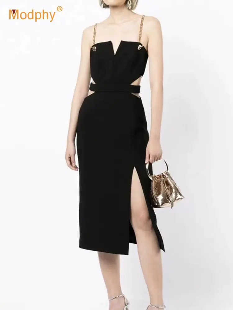 

High Quality Elegant Black Slim Dresses For Women's 2022 Summer Sleeveless Sexy Hollow Out Chain Strap Dress Club Party Clothing