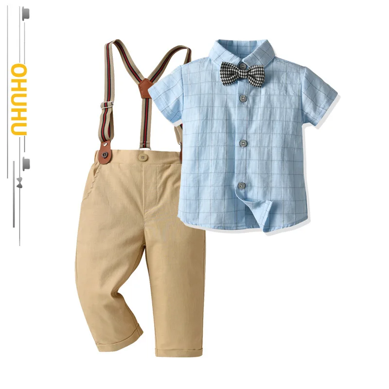 

2022 Summer New Thin Two-piece Children's Clothing Overalls Short-sleeved Casual Baby Bow Blue Khaki Boy Suit 3335