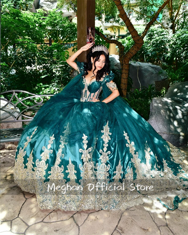 Мексиканское зеленое платье Quinceanera с открытыми плечами 2024 аппликацией для