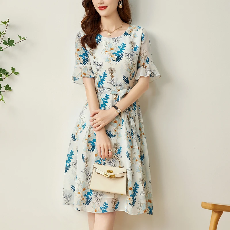 

Elegant Dresses For Women 2022 Summer Women's Fashion Floral Dress A-line Flare Sleeve 100% Real Silk Woman Long Midi Dress