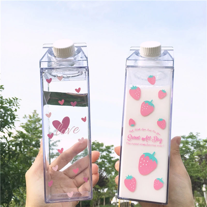

Creative Cute Plastic Clear Milk Carton Water Bottle Transparent Milk Box Cup Fashion Strawberry Milk Box