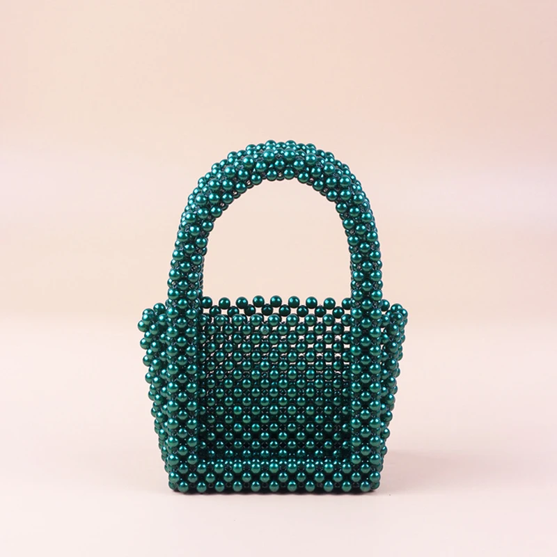 

Hand-woven Green Beaded Handbag Women Retro Hand-held Pearl Ladies Evening Purses Transparent Acrylic Square Hollow Clutch Bags