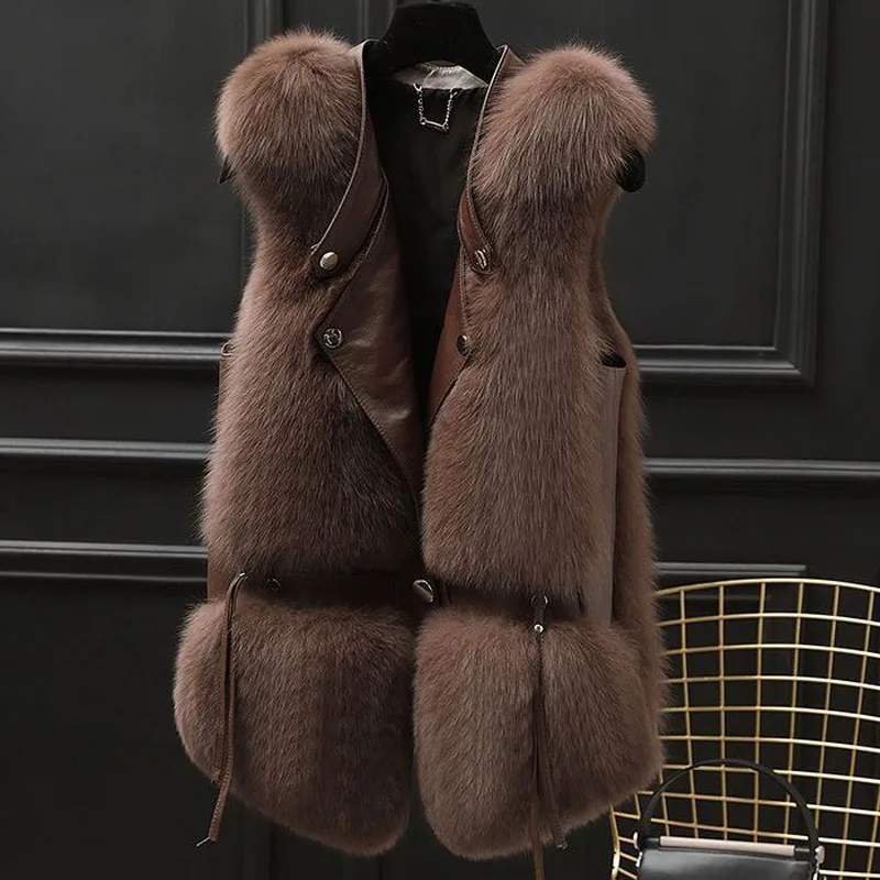 Parkas Women's Outdoors Coats Jackets Vests 2022 Faux Fur Imitation Fox Hair Splicing Bandage Cardigan Fashion Waistcoat Woman