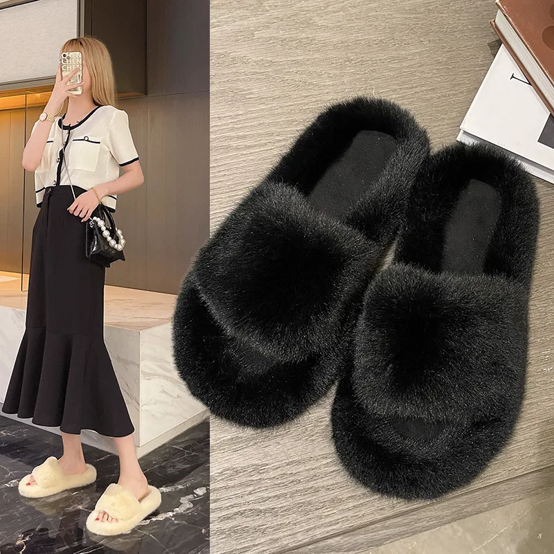 

Women's shoes Hairy slippers wear 2021ins tide shoes, open-toed autumn and winter home furnishing cotton slippers