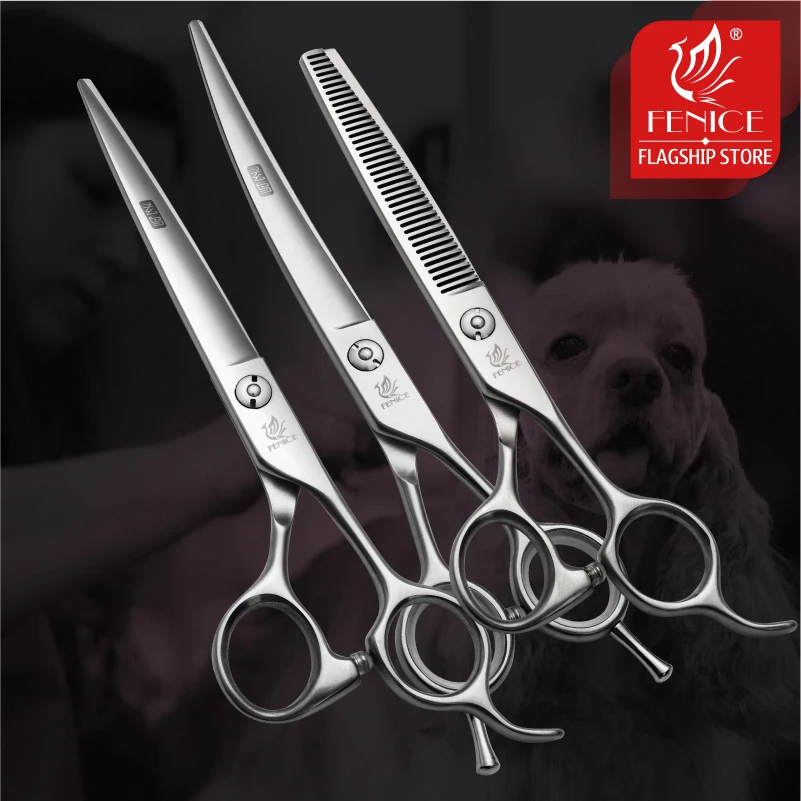 Fenice Professional Dog Grooming Scissors Kit Cutting Curved Thinning Shear 9CR Satinless Steel Scissors Set