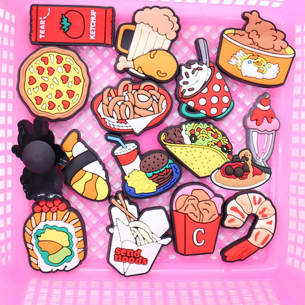 1PCS PVC Cute Cartoon Shoe Charms Kawaii Food Pizza Ketchup Fried Chicken Beer Shrimp Coffee Drinks Burgers Sushi Croc - купить по