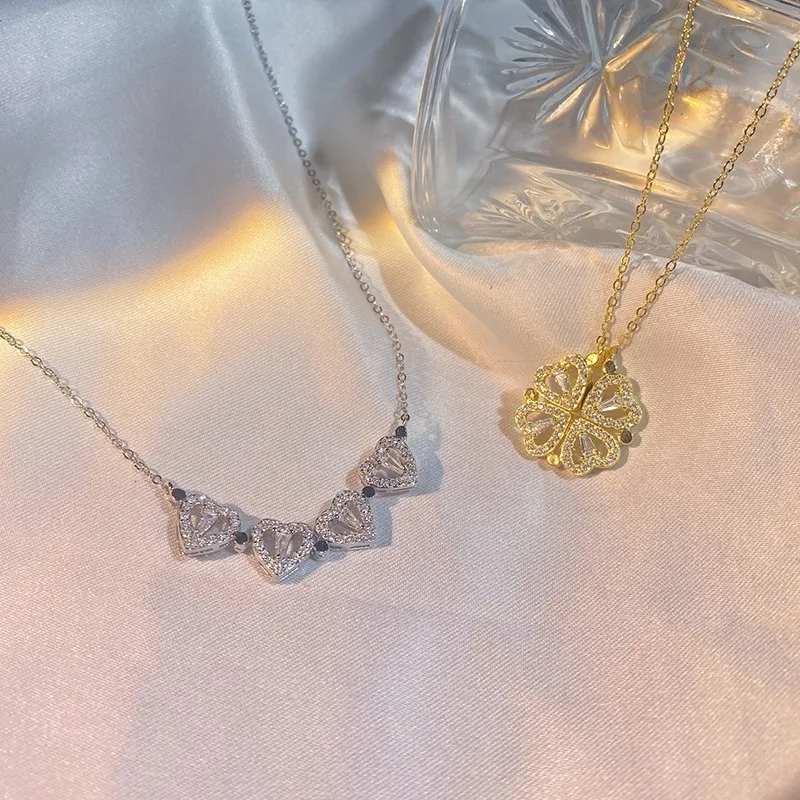 

New Design Heart Four-leaf Clover Magnetic Pendant Necklace for Women Girls Fashion Zircon Titanium Steel Christmas Gift Jewelry