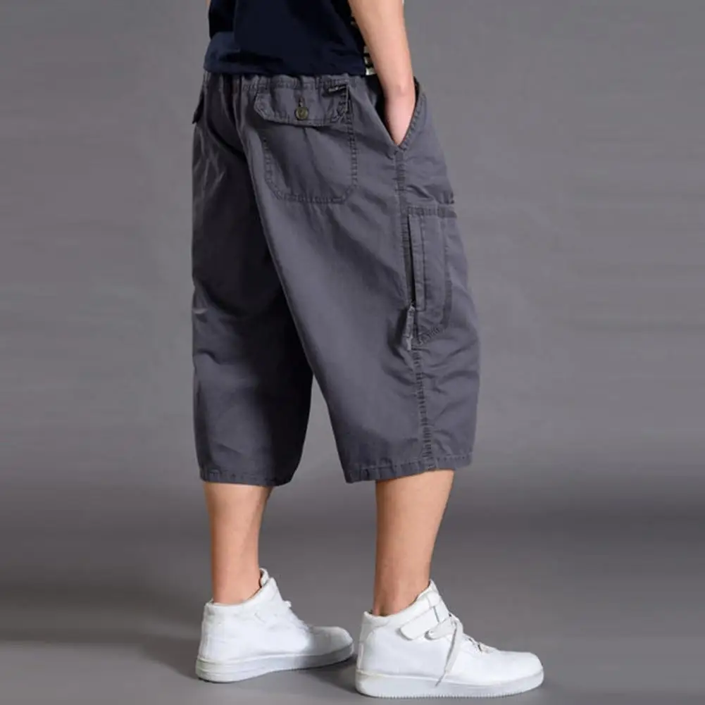 

Мужские летние дышащие укороченные брюки длиной до середины икры с эластичным поясом и несколькими карманами для спортивной повседневной одежды