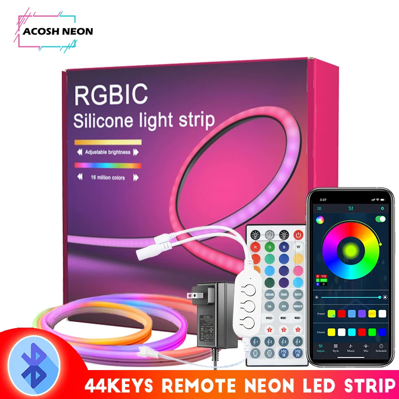 16.4ft RGBIC Neon Rope Lights with 44 Keys Remote Silicone LED Color Changing Strip Lights with Remote for Party Gaming Room