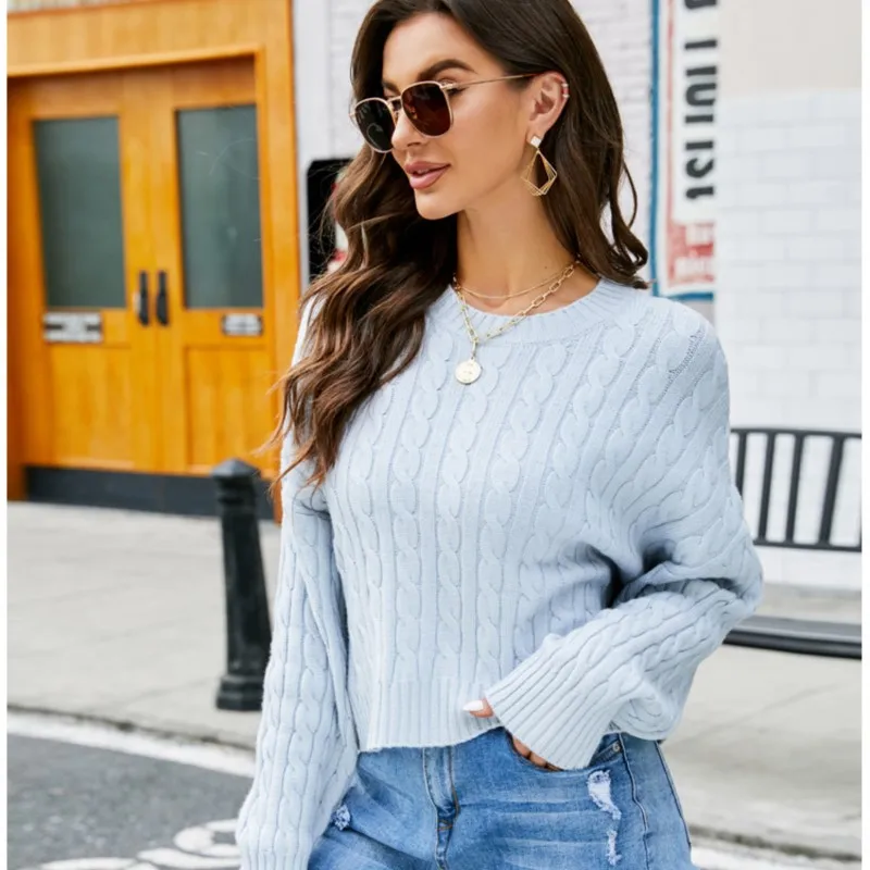 Универсальный однотонный вязаный свитер в ленивом стиле женский короткий с