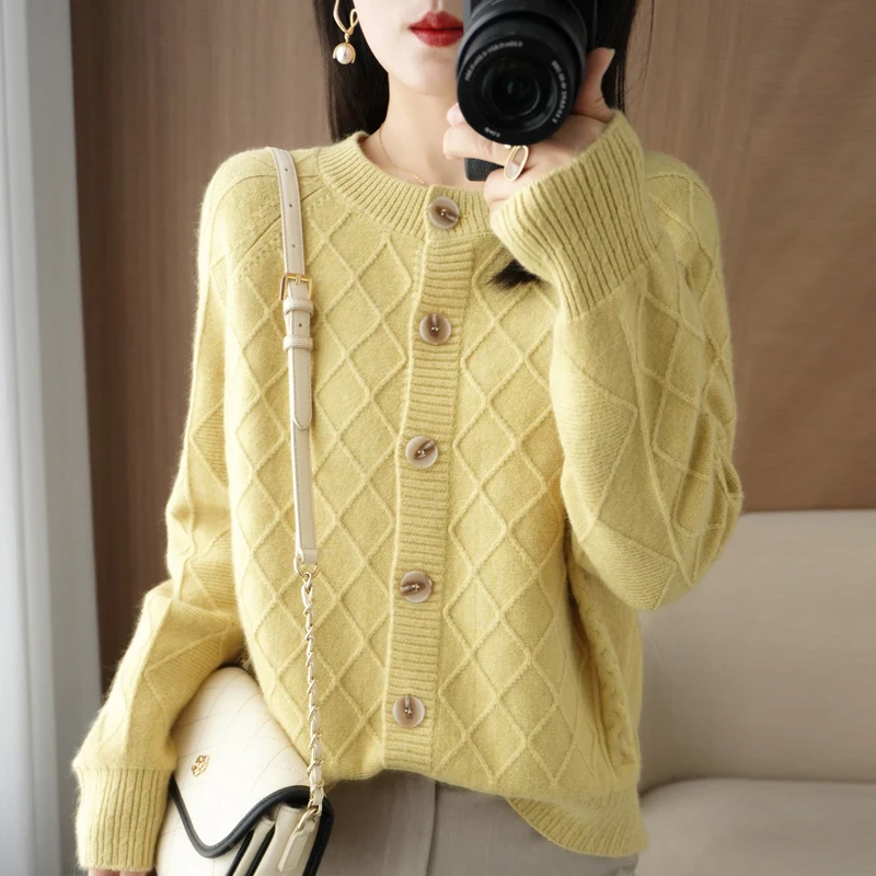 

Round Neck Single-breasted Soft Waxy Knitted 100 Cashmere Cardigan Women's Retro Rhombus Jacquard Lazy Short Coat Top