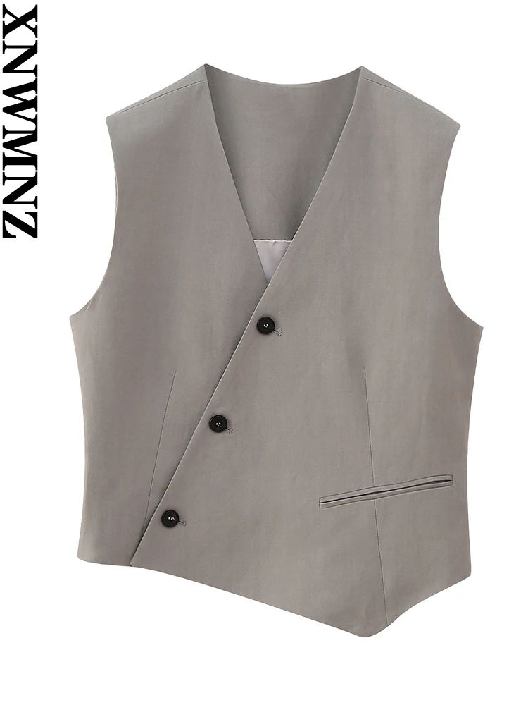 

XNWMNZ Women's Fashion 2023 Asymmetric Hem V-neck Waistcoat or Contrast Waistband Pants Versatile Female Two Piece Set