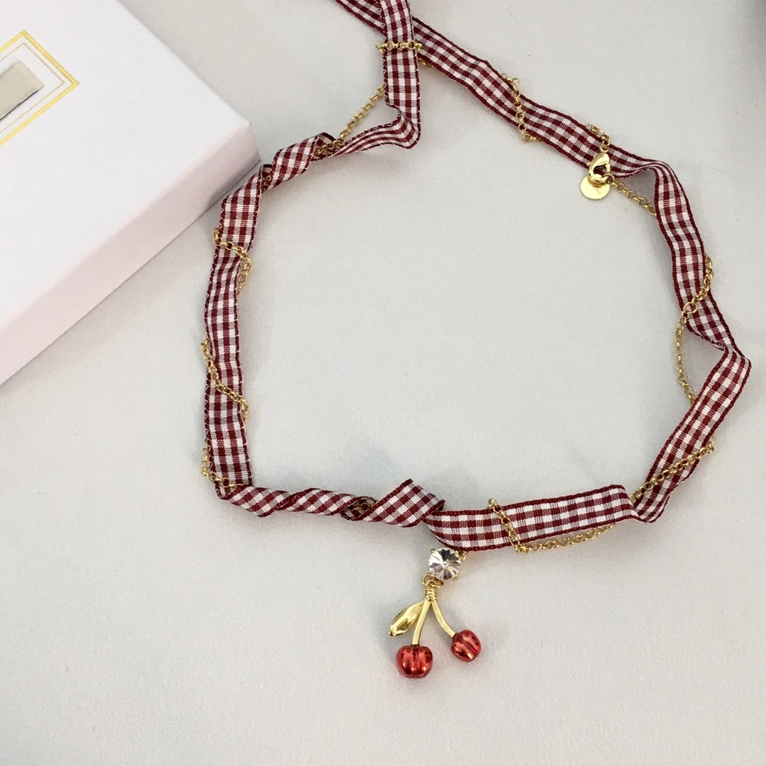 

Red Sweet Plaid Cherry Plaid Necklace for Women