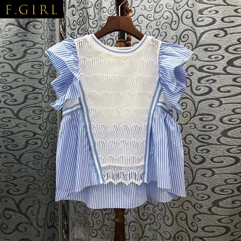 

F GIRLS O-neck Butterfly Sleeve Shirt Blouse Women Striped Lace Patchwork Fashion Blusas Mujer New Arrival All-match Camisas