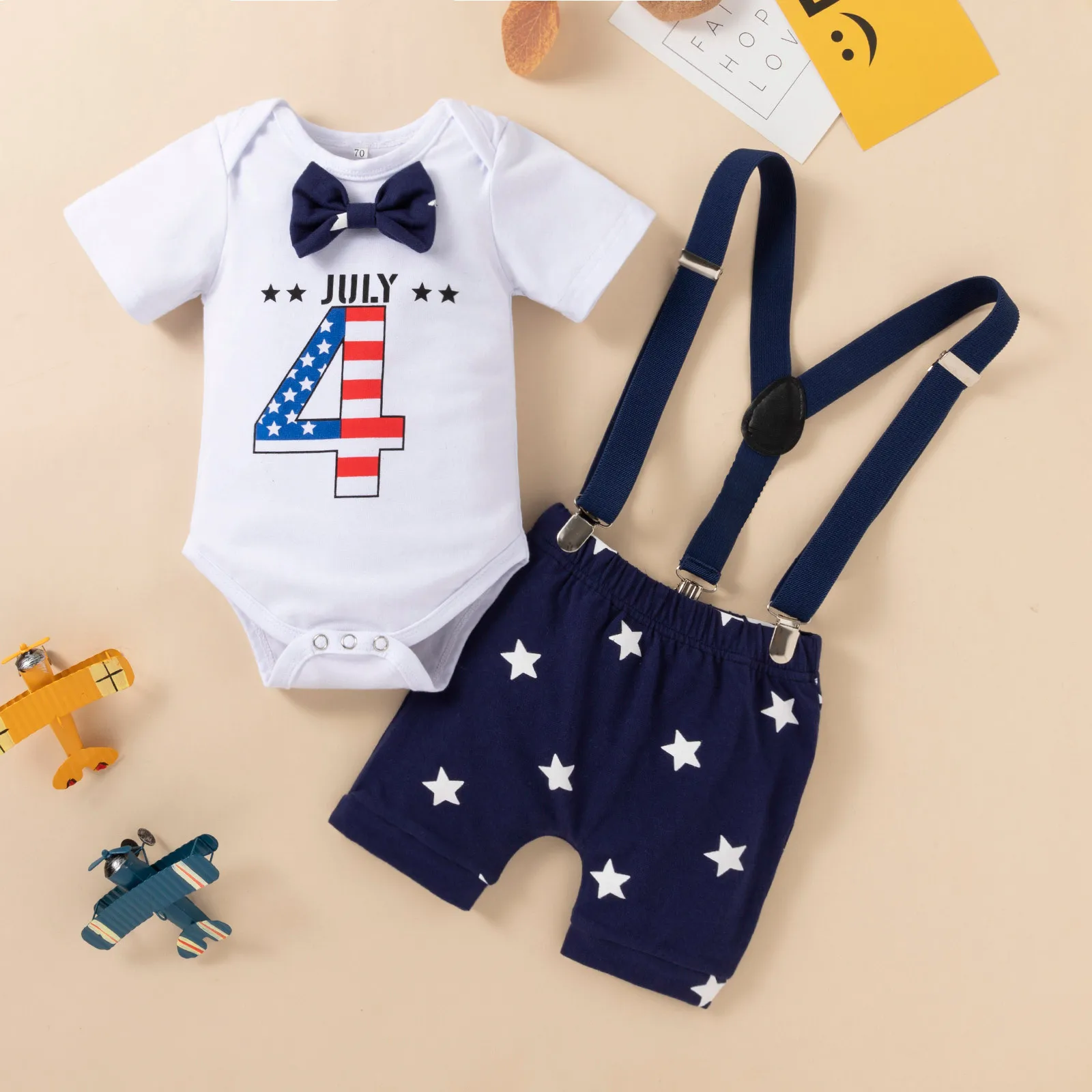 

Infant Baby Boys Outfit Set 4th Julys Independence Day Baby Clothing Bowtie Romper Stars Print Suspender Shorts Baby Boy Clothes