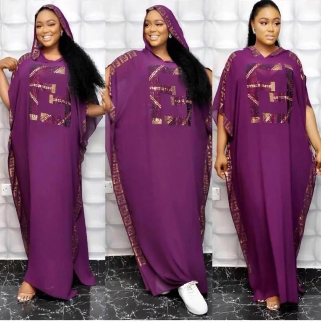 

African Muslim Abaya Dress Women Hooded Africa Chiffon Vestidos Batwing Sleeve Soild Diamonds Dresses