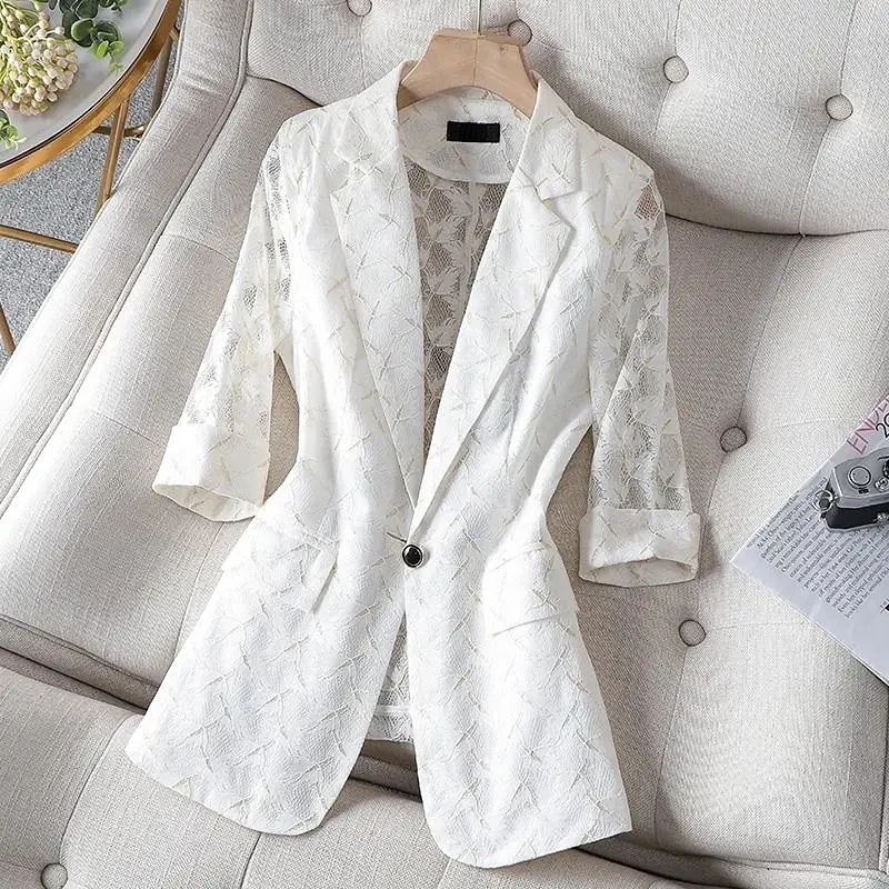 

2022 Spring Summer Suit Women Coat 4XL Size Sunscreen New Lace Flower Blazers Blouse Jacket Air-Conditioned