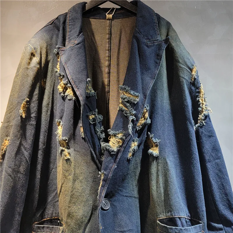 DEAT женский джинсовый пиджак свободный со старыми сломанными отверстиями