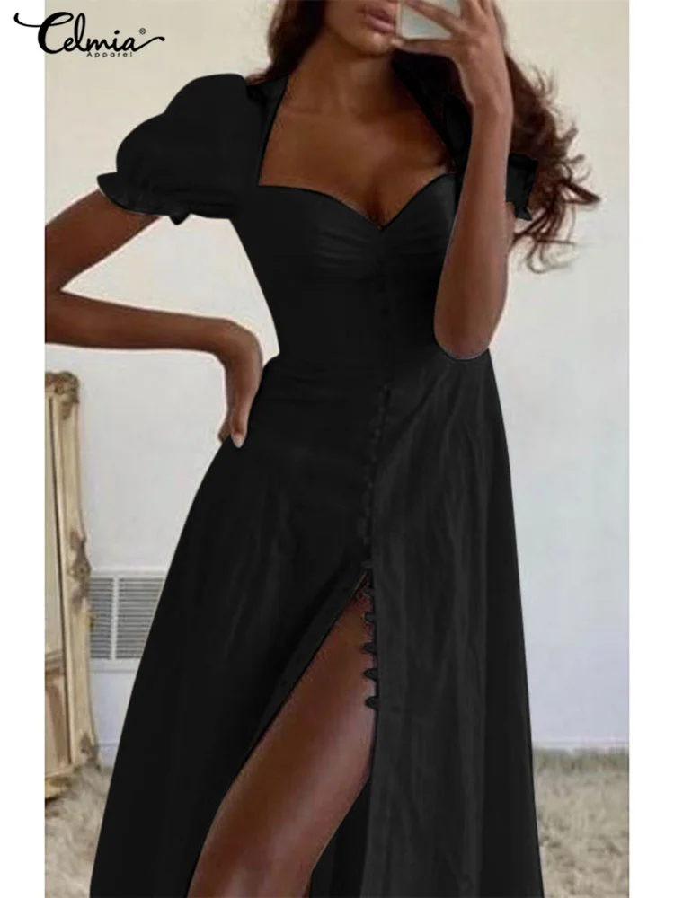 

Fashion 2023 Single-breasted Robes Celmia Women Elegant Pleated A-line Sundress Vintage Short Puff Sleeve Heart Neck Long Dress