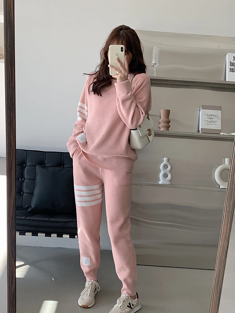 

TB Waffle Suit Women's Loose Slim Four Bar Round Neck Knitwear Sweater Casual Versatile Little Foot Guard Pants Fashion