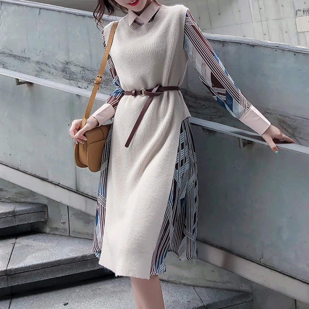 

New Women Dress Chic Elegant Split Patchwork Round Neck Long Sleeve Knits Vest Two Piece Set Spring Fall Casual Dress For Ladies