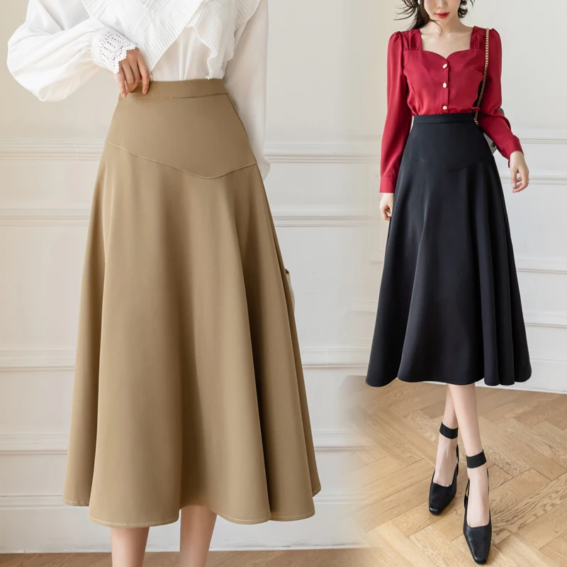 

Женская офисная юбка с завышенной талией, длинная трапециевидная юбка в Корейском стиле