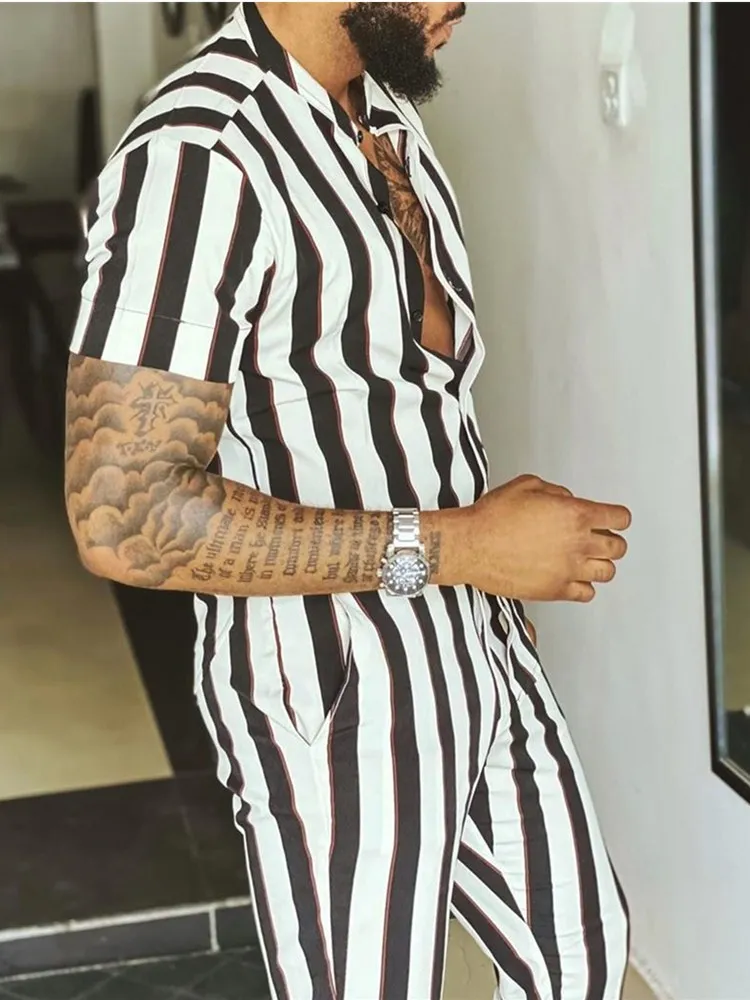 2023 Summer men's casual short-sleeved shirt top + pants Fashion striped printed men's street wear S-3XL