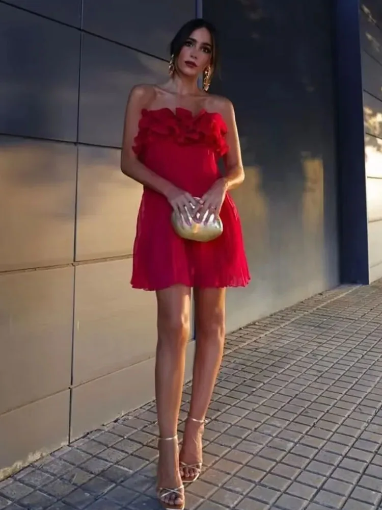 

TRAF 2023 Women Slip Mini Dress Fashion Off Shoulder Ruffle Short Dresses For Women Ruched Backless Female Party Dress